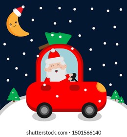 Cute Santa Claus driving red car with Christmas tree at night. Christmas card