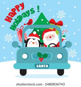 Cute Santa Claus driving Xmas Car For Christmas Card or Bag design