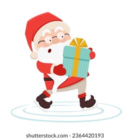 Cute Santa Claus during figure ice skating with gift box. Snow and ice. Christmas, New Year coloured vector illustration. Collection of Santa in cartoon style. Humour