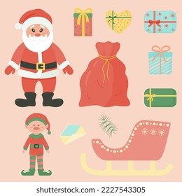 Cute Santa Claus and elf in the Christmas holidays. A set of vector cartoon characters with a bag and gifts. Elf, Santa Claus, gifts, bag, sleigh.