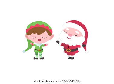 Cute Santa Claus and elf littlle helper cartoon kawaii characters. Isolated on white. Christmas flat design vector illustration. Children Xmas party invitation or gift card, winter season greeting.