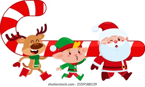 Cute Santa Claus, Elf, and Reindeer Carrying a Giant Candy Cane for Christmas Celebration Cartoon Characters. Vector Illustration Flat Design Isolated On Transparent Background