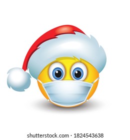 Cute Santa Claus Emoticon Wearing Surgical Mask  Emoji Vector Illustration