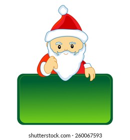Cute santa claus with an empty notice board on white background illustration