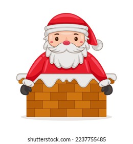 Cute Santa Claus enters through the chimney in cartoon style illustration