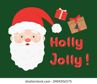 Cute santa claus face with christmas gift boxes and Holly Jolly quote in cartoon style isolated. Happy new year and Merry christmas. Winter holiday greeting card, postcard, invitation. Flat vector