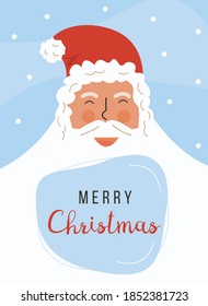 Cute santa claus se enfrenta a una ilustración vectorial plana. Tarjeta de felicitación tradicional de invierno festivo, elemento de diseño postal. Símbolo de Año Nuevo y tipografía de navidad sobre fondo de nieve azul.