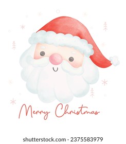 Cute Santa claus face, merry christmas cartoon watercolor character, Perfect for Christmas greeting cards and festive decorations.