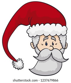 Cute Santa Claus face, a senior and full bearded man wearing his traditional red hat ready to celebrate the tradition of Christmas with gift delivery.
