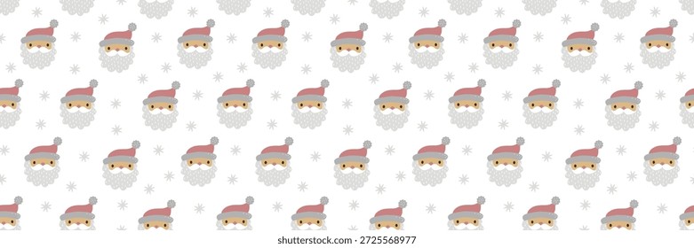 Las caras lindas de Santa Claus crean un patrón de Navidades sin costuras con copos de nieve y decoraciones festivas sobre fondo rosa, perfecto para papel de regalo navideño o diseños textiles de temporada.