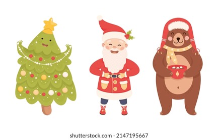 Cute Santa Claus and Fir Tree as New Year Character Standing and Smiling Vector Set