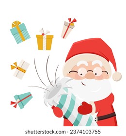 Cute Santa Claus with firecracker and flying gift boxes. Christmas, New Year coloured vector illustration. Collection of Santa in cartoon style. Humour