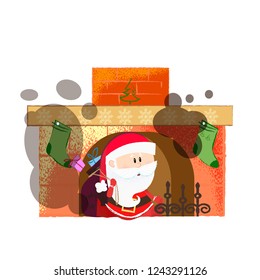 Cute Santa Claus in fireplace. Christmas design element. For greeting cards, leaflets, brochures, invitations, posters or banners.