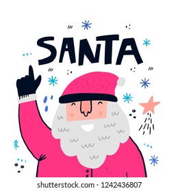Cute Santa Claus flat hand drawn vector character. Cartoon Christmas Father. Sketch Santa with lettering. Xmas, New Year greeting card, poster, banner. Isolated holiday scandinavian style illustration