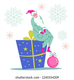 Cute Santa Claus flat hand drawn vector character.Santa on a gift box.Xmas, New Year greeting card, poster, banner.Holiday  illustration