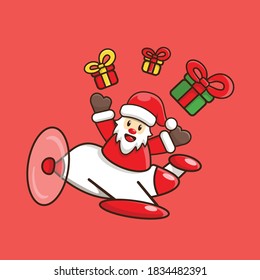 Cute Santa Claus Fly with Plane and Gift Box Vector. Christmas Cartoon Vector Illustration Design. Flat Icon Concept. Flat Cartoon Style Suitable for Web Landing Page, Banner, Sticker, Background