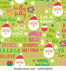 Cute santa claus with fun typography seamless pattern background.