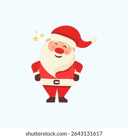 Cute santa claus in funny pose for xmas celebration. Vector new year design with beard and red hat. Christmas season greeting template with december emotion and cartoon style.