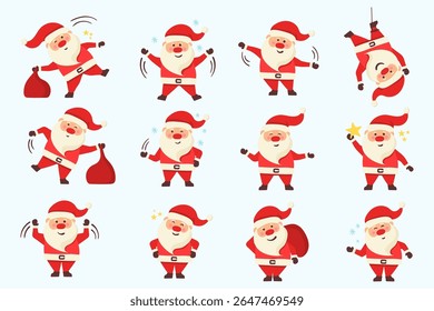 Cute santa claus in funny pose for xmas celebration. Vector new year design with beard and red hat. Christmas season greeting template with december emotion and cartoon style.