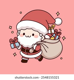 Cute Santa Claus and gift bag of Christmas in pink background