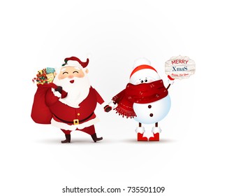 Cute Santa Claus with gift bag full of gift boxes, christmas present and funny, baby snowman holds banner with Christmas greetings  isolated on white background. Vector cartoon illustration