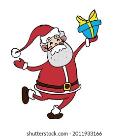 Un Santa Claus lindo y una caja de regalo. ilustración vectorial infantil en un fondo blanco aislado para banners.