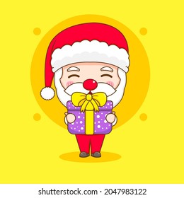 Cute Santa Claus with gift box or present Chibi character illustration