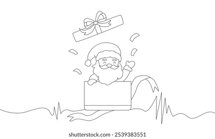 Cute Santa Claus in gift box line vector illustration