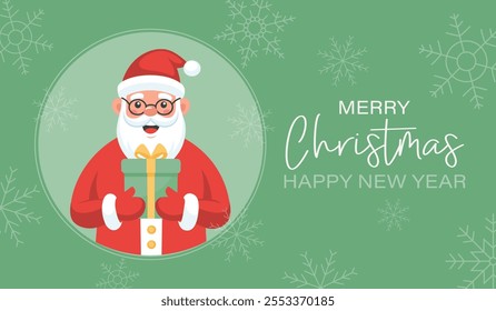 Cute Santa Claus with a gift box in his hands on a background of snowflakes. Christmas and New Year greeting card. Flat style illustration.