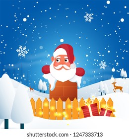Cute santa Claus mit Geschenkbox und Rentiergrafik auf blauem Winterlandschaftshintergrund kann als Weihnachtsgrußkartendesign verwendet werden.
