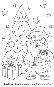 Netter Weihnachtsmann mit Geschenkboxen und einem Weihnachtsbaum im festlichen Doodle-Stil, einzeln auf sauberem Hintergrund. Perfekt für druckbare Malvorlagen, Kinderaktivitäten oder Urlaubsdekorationen. Vektorgrafik
