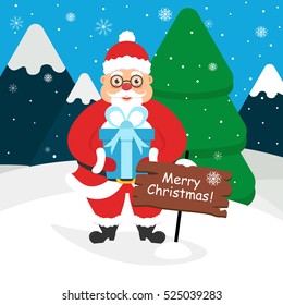 Cute Santa Claus with a gift in its hands. Landscape of mountains , forest, snow. Vector illustration.