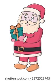 cute Santa Claus with a gift, isolated cartoon character, doodle clip art for prints, cards, stickers, signs, posters, banners, etc. Surprised Santa Claus. Nursery decorative element. EPS 10