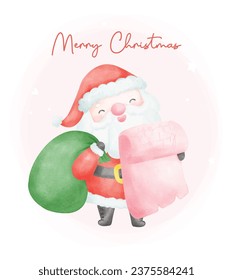 Cute Santa claus with gift sack cartoon watercolor character, Perfect for Christmas greeting cards and festive decorations.