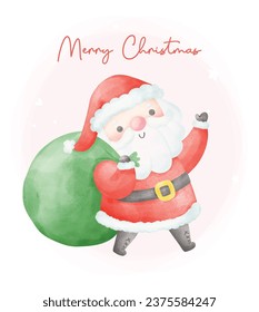 Cute Santa claus with gift sack cartoon watercolor character, Perfect for Christmas greeting cards and festive decorations.