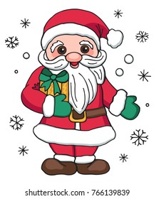 Cute Santa Claus with gift and snowflakes.