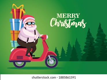 cute santa claus with gifts in motorcycle in forestscape scene vector illustration design