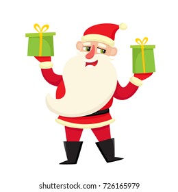 Cute Santa Claus with gifts, smiling facial expression, cartoon vector illustration isolated on white background. Old man with happy, glad, smiling face expression.