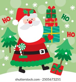 Cute Santa Claus and Gifts Vector For Christmas Card or Bag design