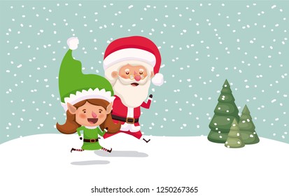 cute santa claus and girl helper in the snowscape