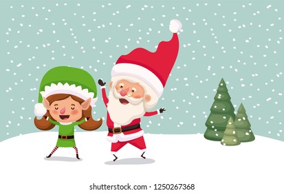 cute santa claus and girl helper in the snowscape