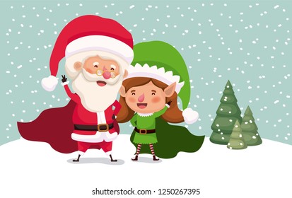 cute santa claus and girl helper in the snowscape