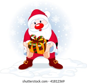 Cute Santa Claus giving a gift on snowing background