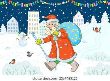 Cute Santa Claus goes with a big bag of gifts through the winter city at night. In cartoon style. Vector illustration.