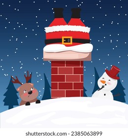 Cute Santa Claus got stuck n the chimney pipe. Snowman with a reindeer looking worried at him