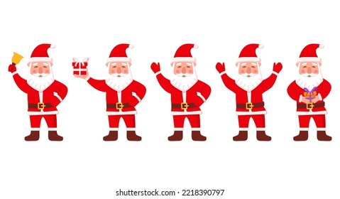 Cute santa claus greet with hand. Celebration character. Santa Claus rings the bell.Christmas gift.Isolated on white background.Vector flat illustration.