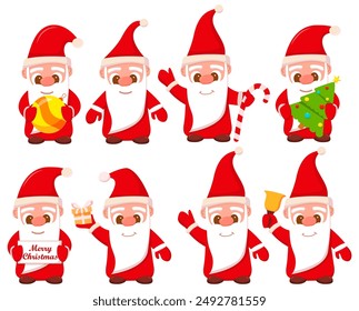 Cute santa claus greet with hand. Celebration character. Santa Claus rings the bell.Christmas gift.Isolated on white background.Vector flat illustration.