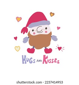 Cute Santa Claus with hand drawn lettering Hugs and kisses. Hand drawn doodle kawaii style illustration. Design element for sticker, postcard, invitation or banner.