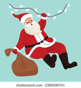 Cute Santa Claus hanging on Christmas garlands. Vector illustration in cartoon flat style