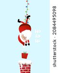 Cute Santa Claus hanging upside down on garland lights - Hand drawn lettering for Xmas greetings cards, invitations. Good for t-shirt, mug, scrap booking, gift, printing press. Holiday quotes.